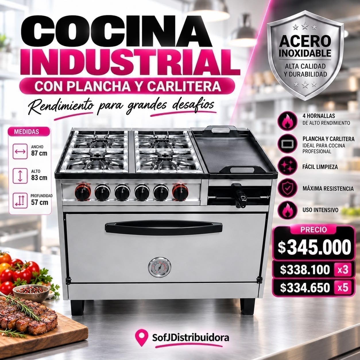 Cocina Industrial c/ plancha grande 4 hornallas