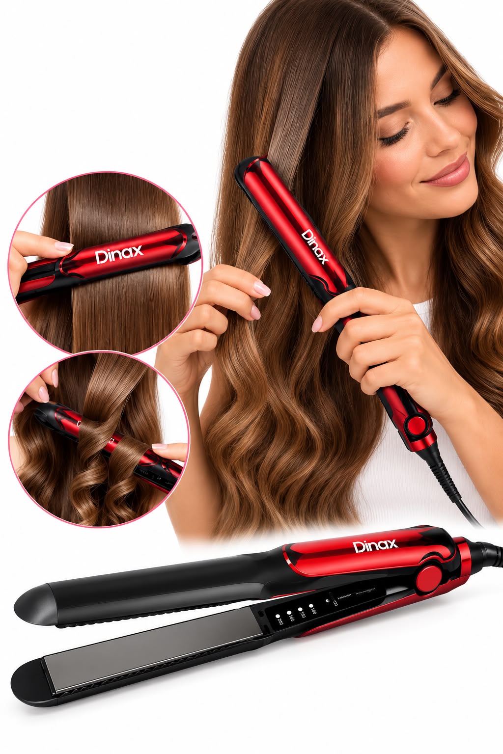 Planchita + rizador de pelo Dinax DNW6001 2 en 1 caja negra y roja