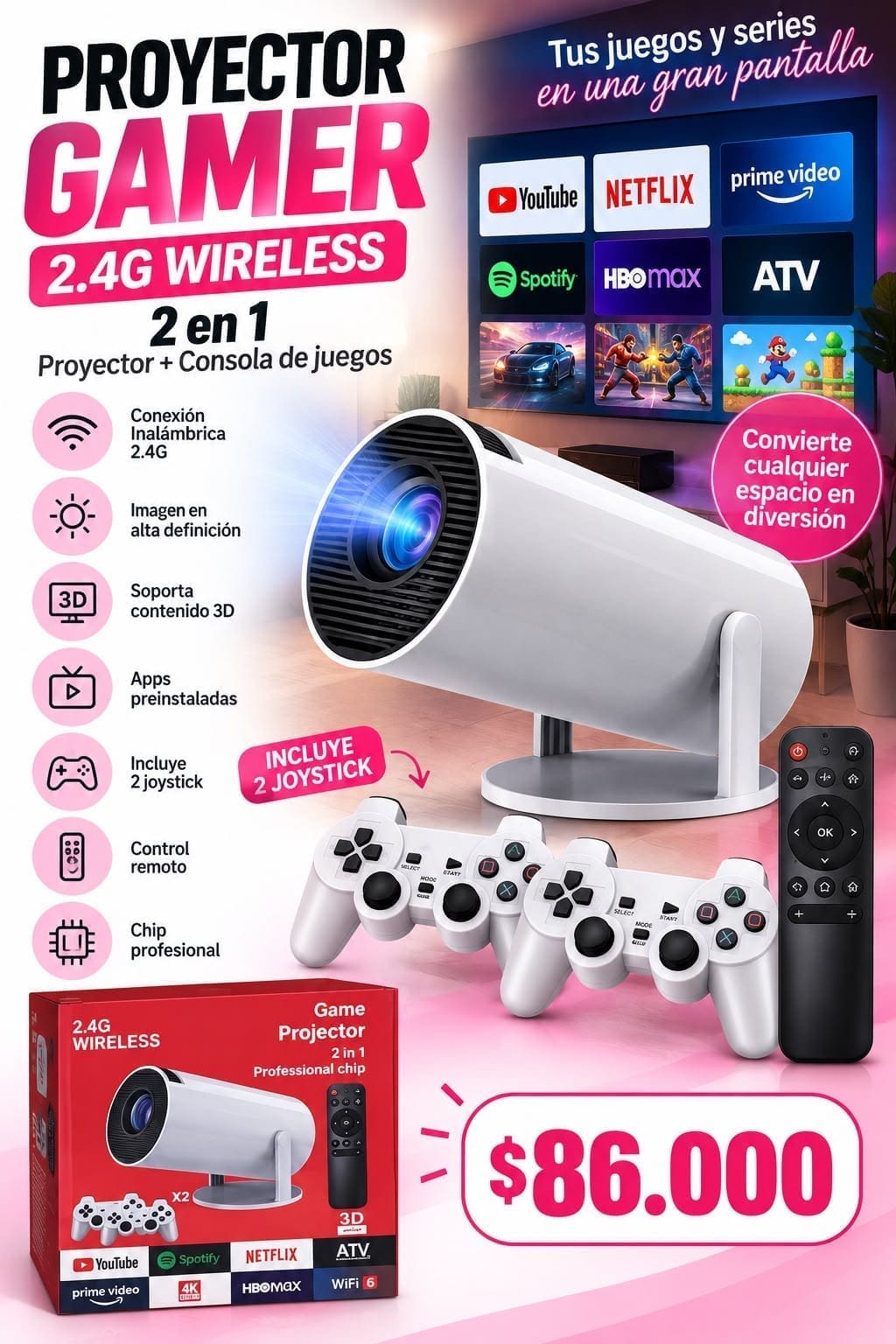 Proyector con joystick HY300 game caja roja