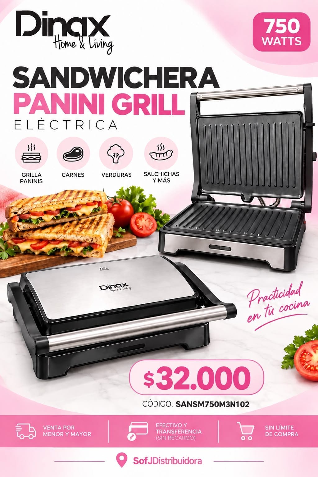 Sandwichera Dinax panini grill 750W SANSM750M3N102