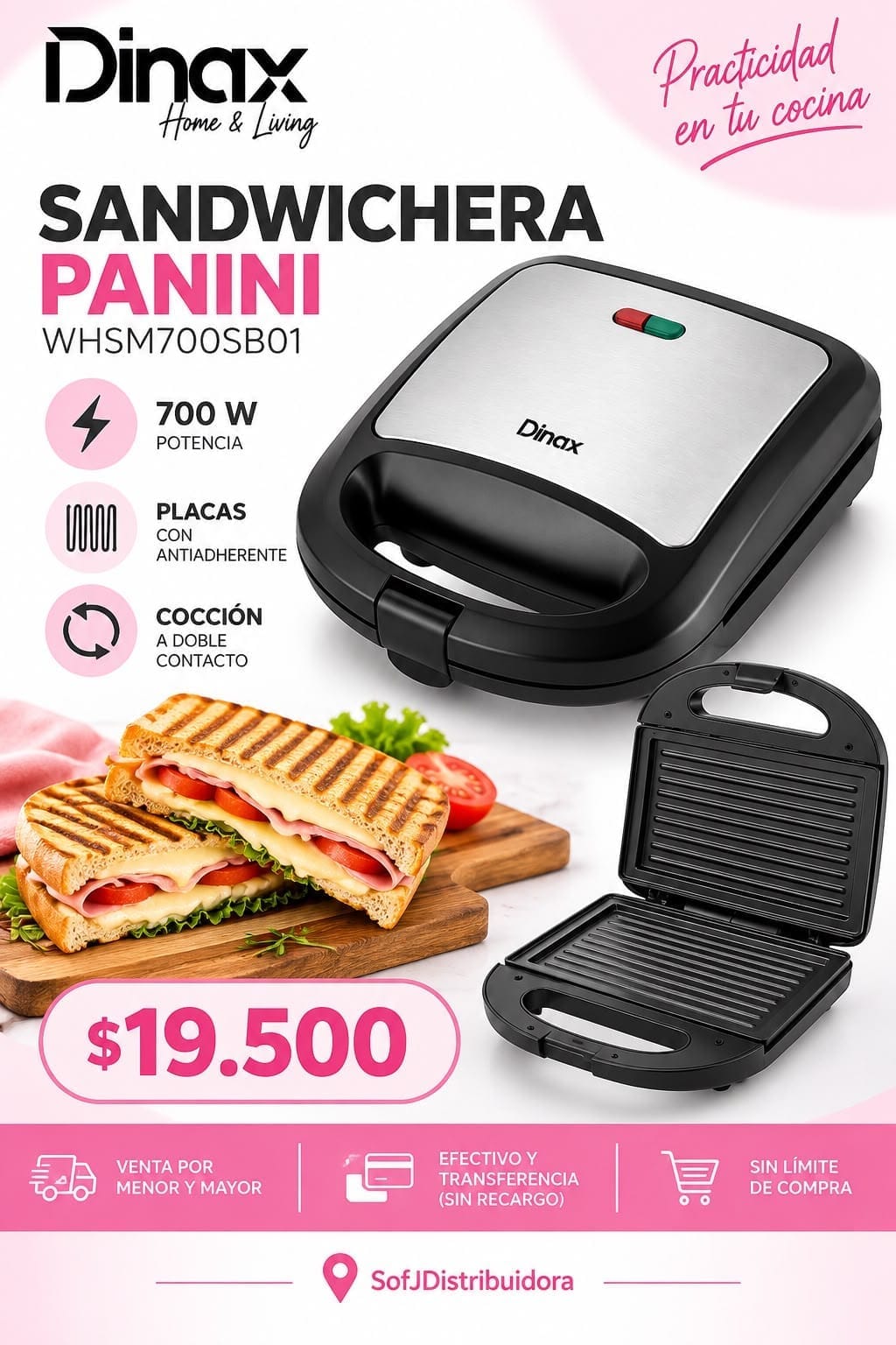 Sandwichera Dinax panini 700W WHSM700SB01
