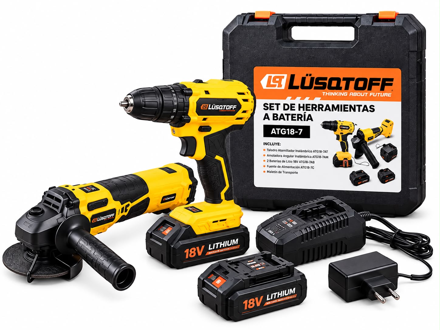 Set taladro + amolad Lusqtoff ATG18-7 a batería