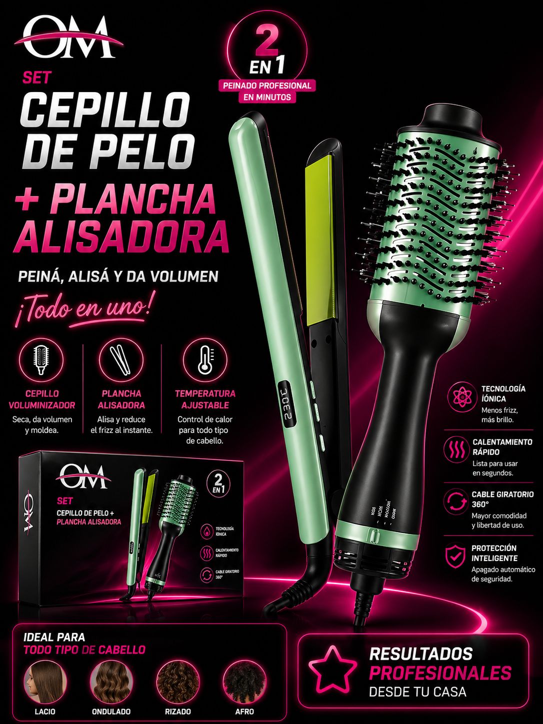Combo OM cepillo secador + planchita OM-1780