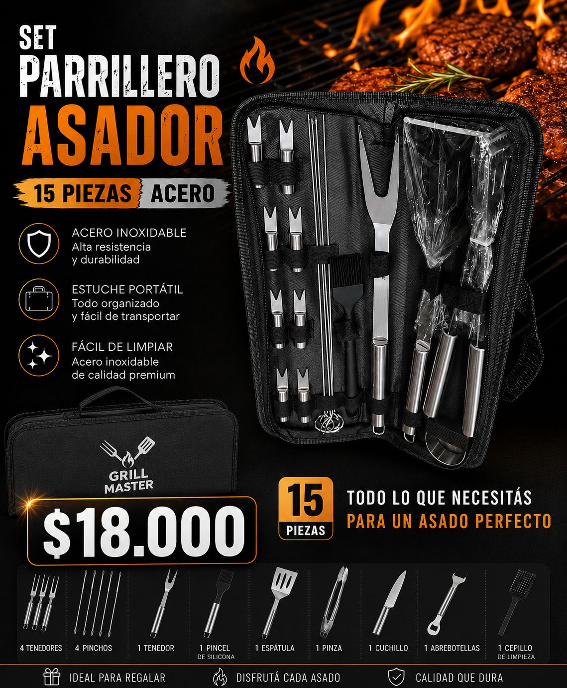 Set parrillero asador ACC0206ACE 15 piezas acero