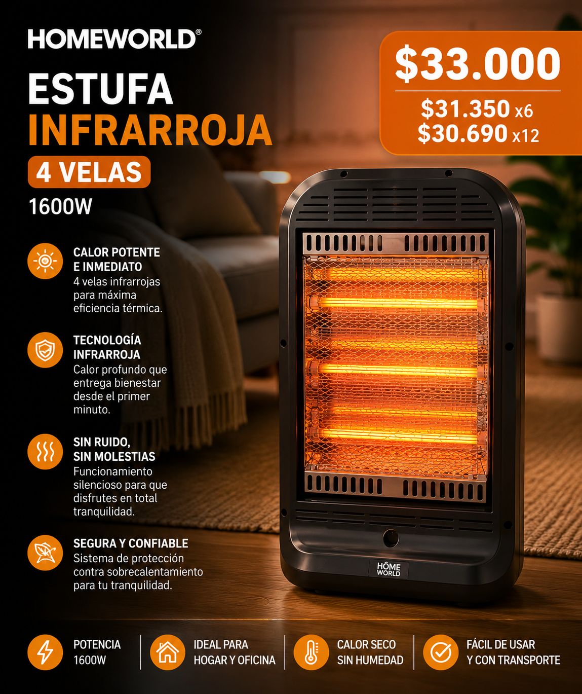 Estufa home world 4 velas infrarroja fija