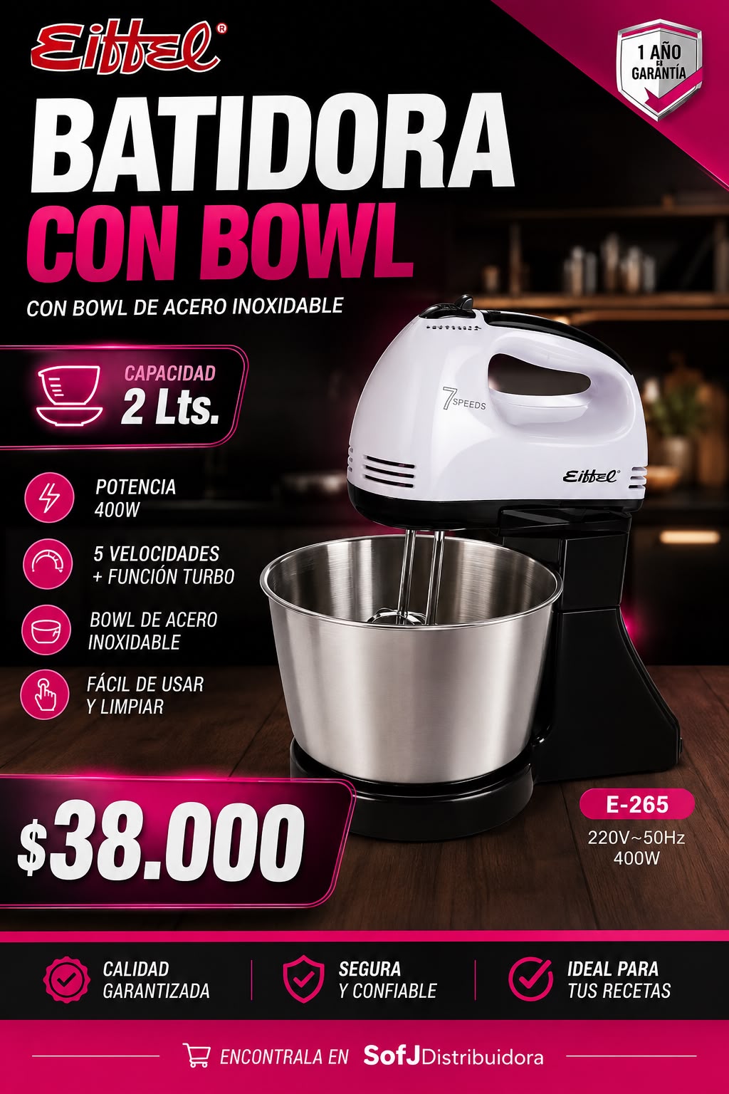 Batidora con bowl Eiffel E-265 acero