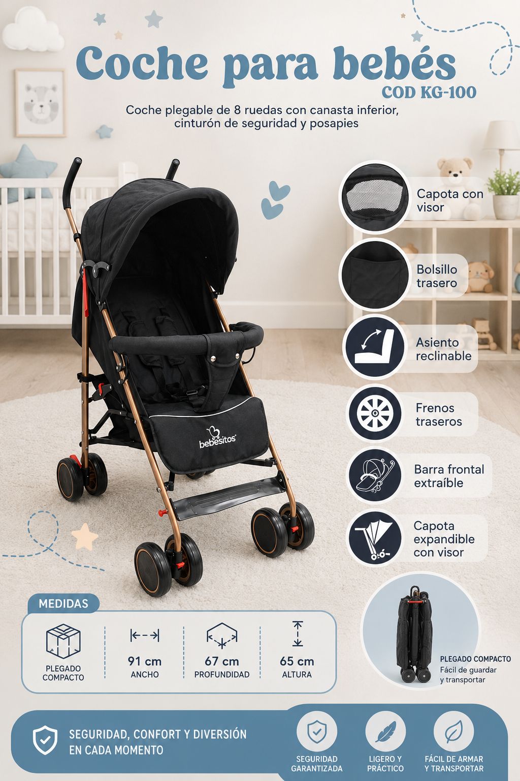 Coche de bebé ultraliviano reclinable KG-100