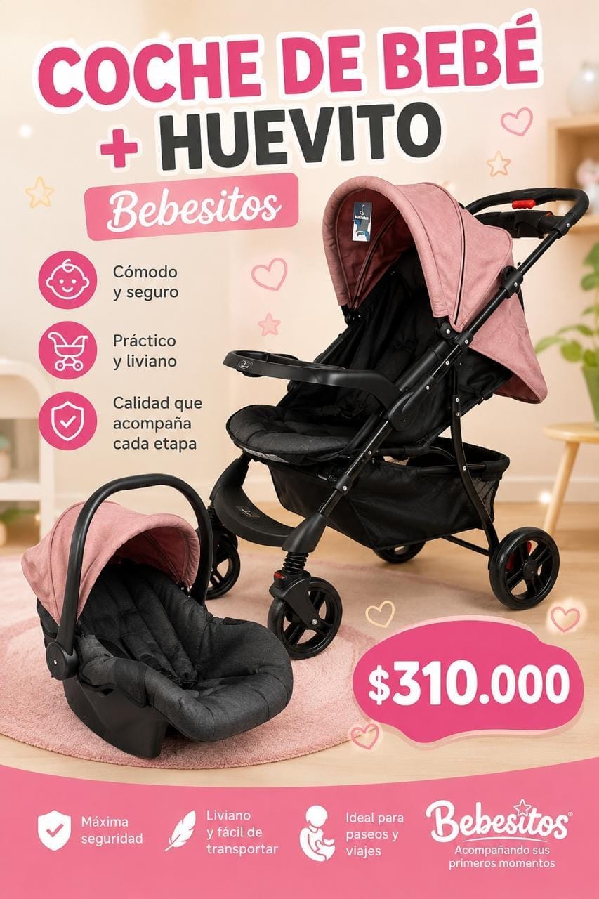 Coche de bebé con huevito y base auto ABCAM300ROSA-301NEGRO -302GRIS
