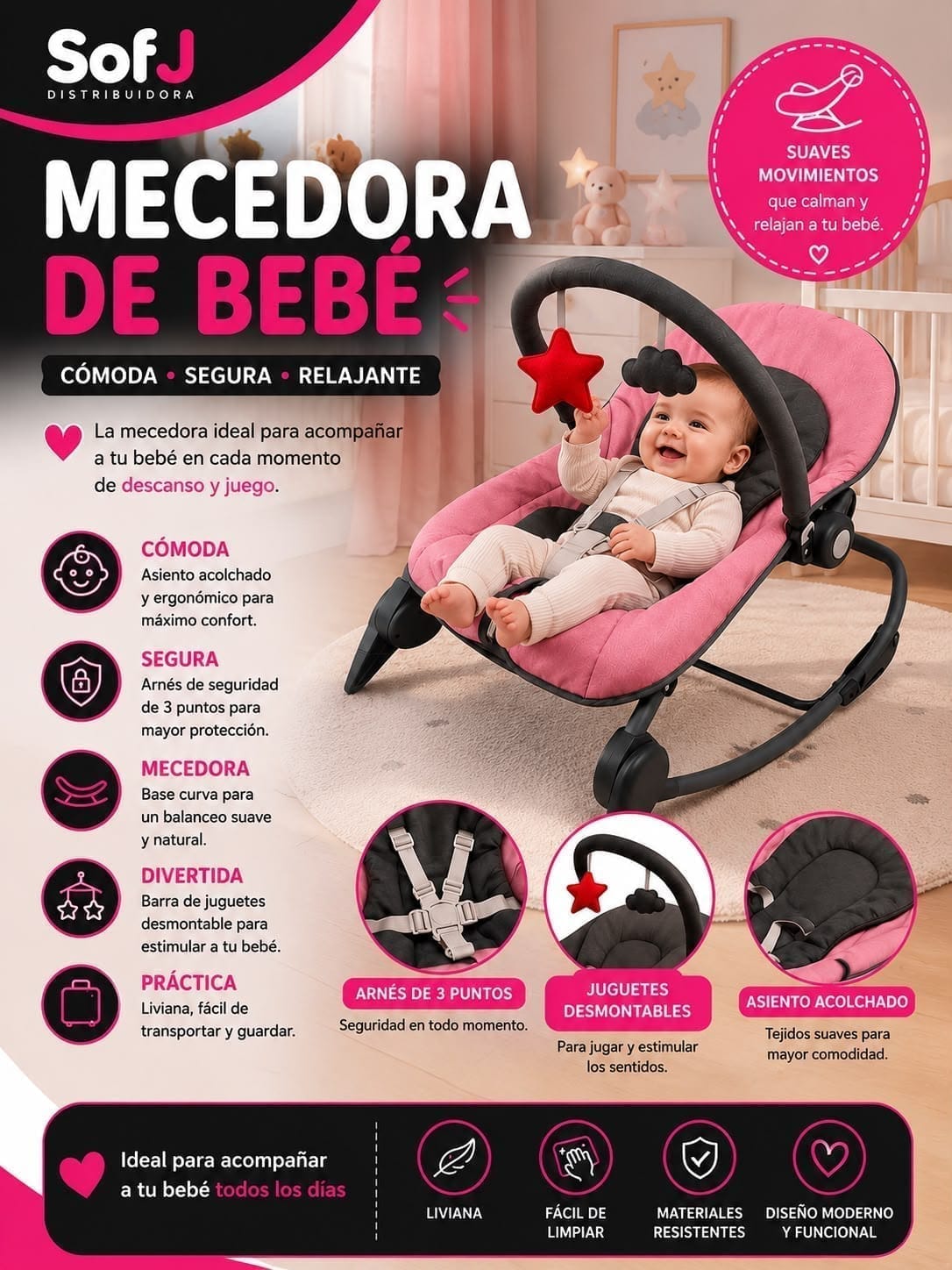 Silla de bebé mecedora ABROC87-88-89 azul-rosa-gris