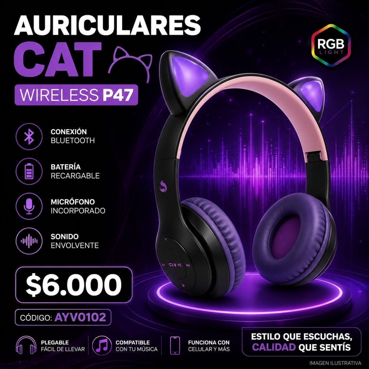 Auricular vincha gatito Suono AYV0102 NEGRO-VIOLETA