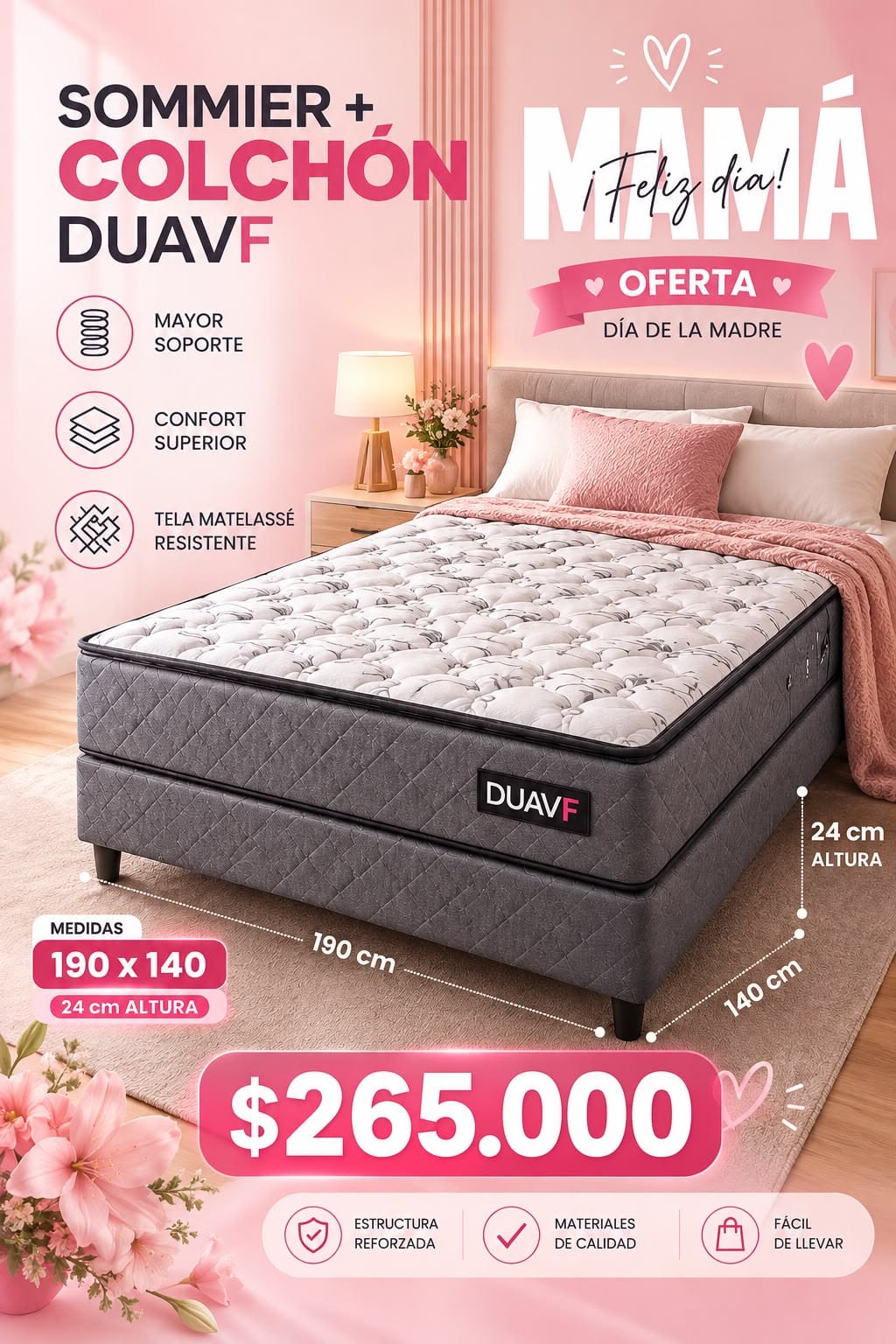 Sommier + colchón Duavf 24 cm 2 plaza 190x140 premium