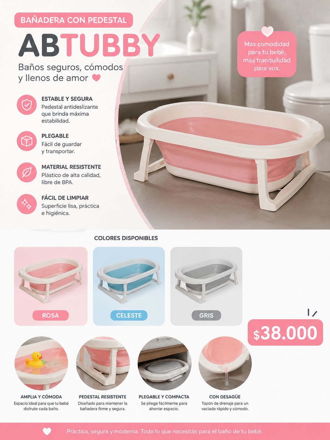 Bañadera con pedestal Abtubby gris-rosa-celeste
