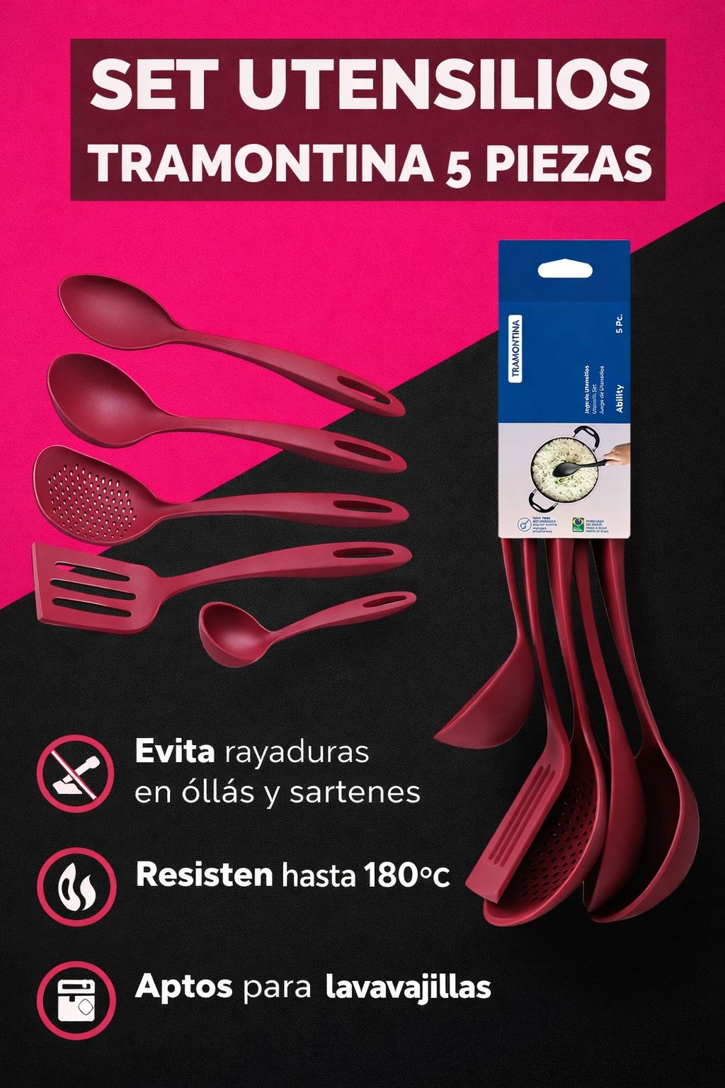 Set utensilios Tramontina 5 piezas BORDO-NEGRO