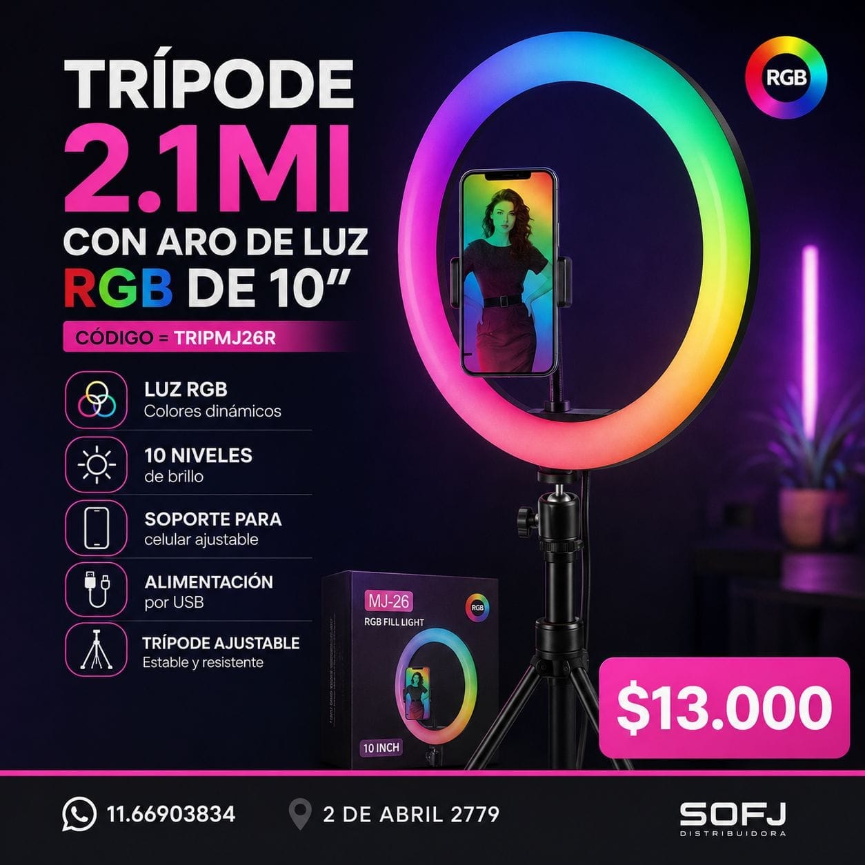 Tripode con aro de luz 10"