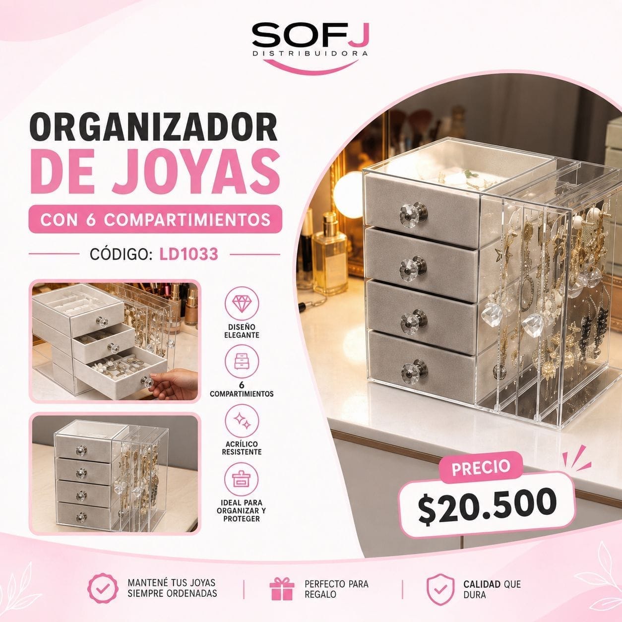 Organizador de joyas 6 compartimientos LD1033