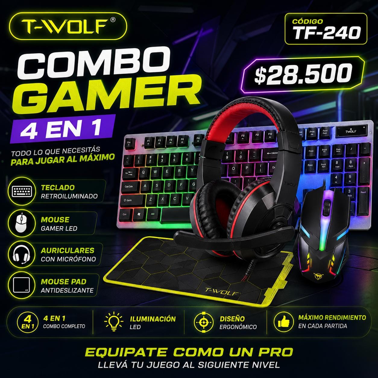 Combo gamer teclado + mouse + auricular + pad ant