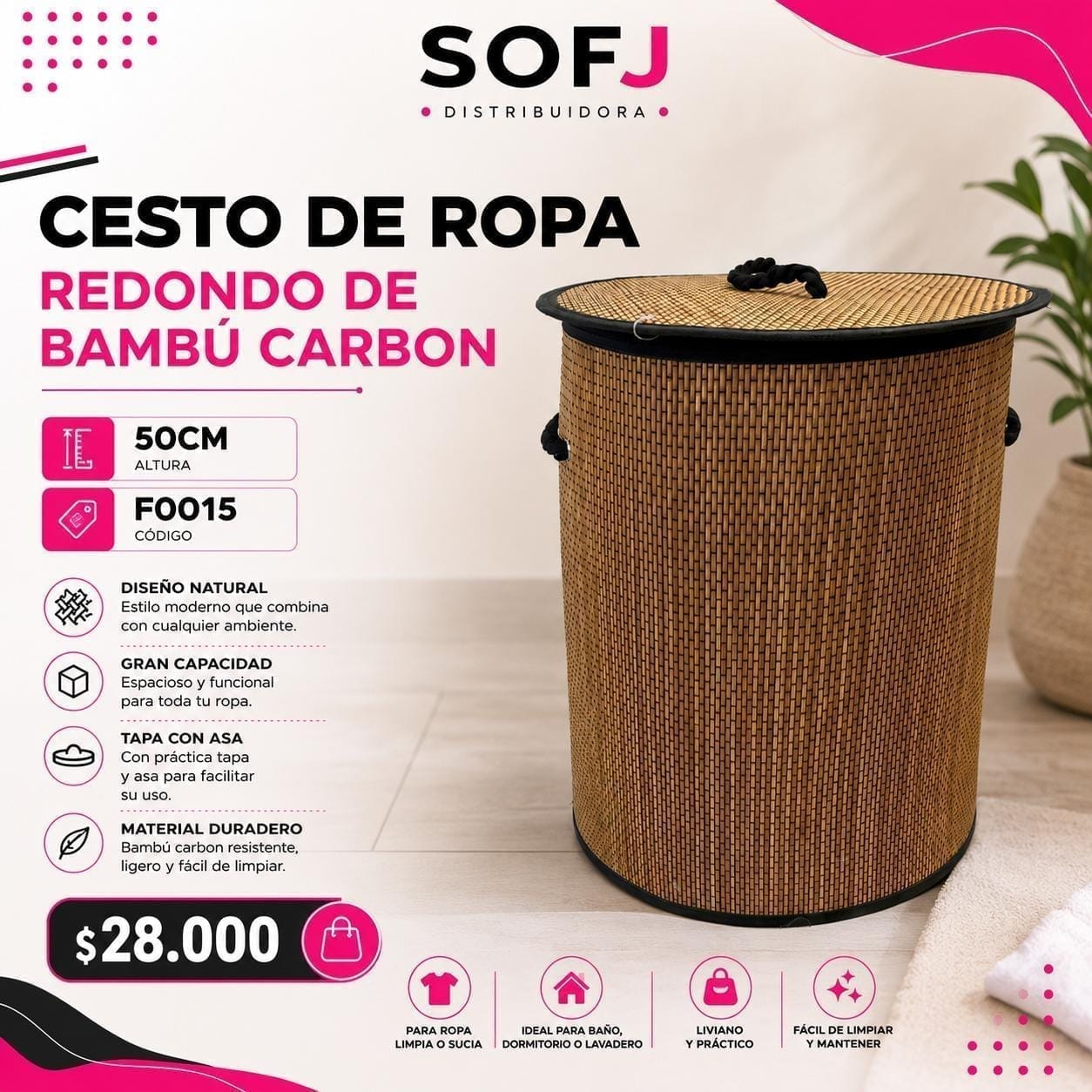 Cesto de ropa sucia redondo bambu