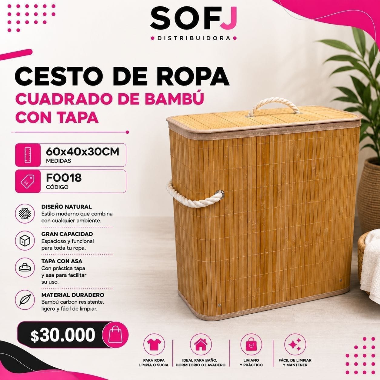 Cesto de ropa rectangular bambu