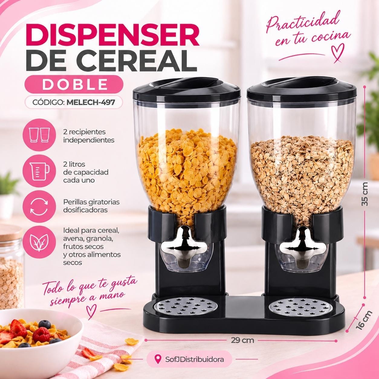 Dispenser de cereal Melech doble negro MELECH-497