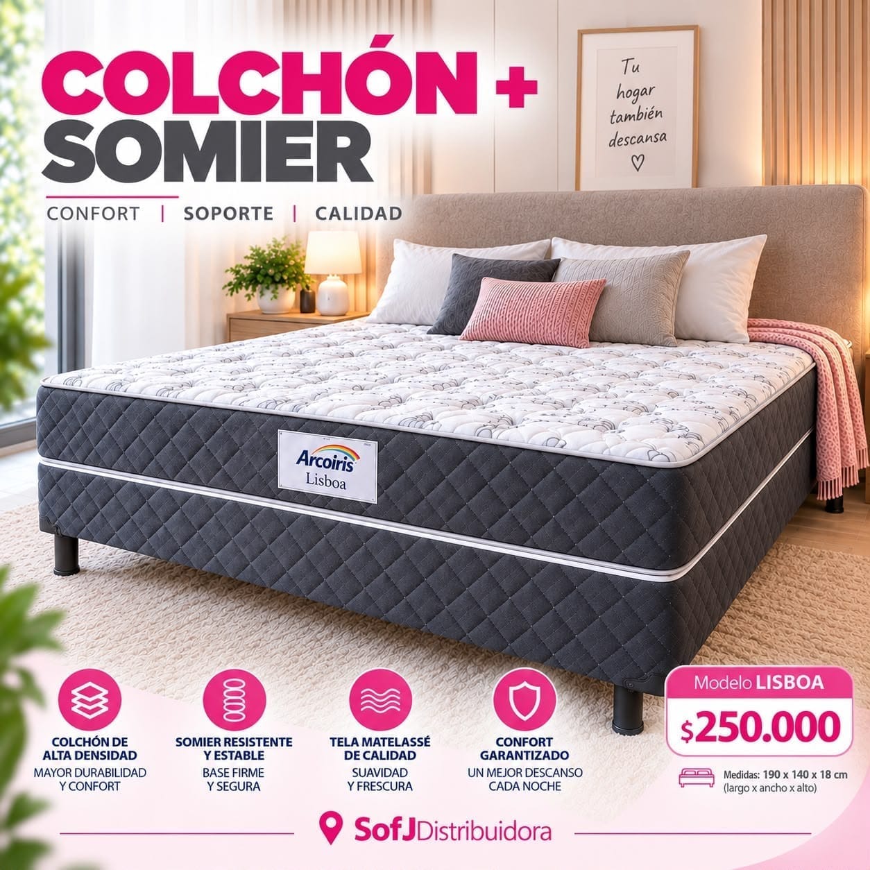 Sommier + colchón Arcoiris lisboa 2 plazas 190x140x18