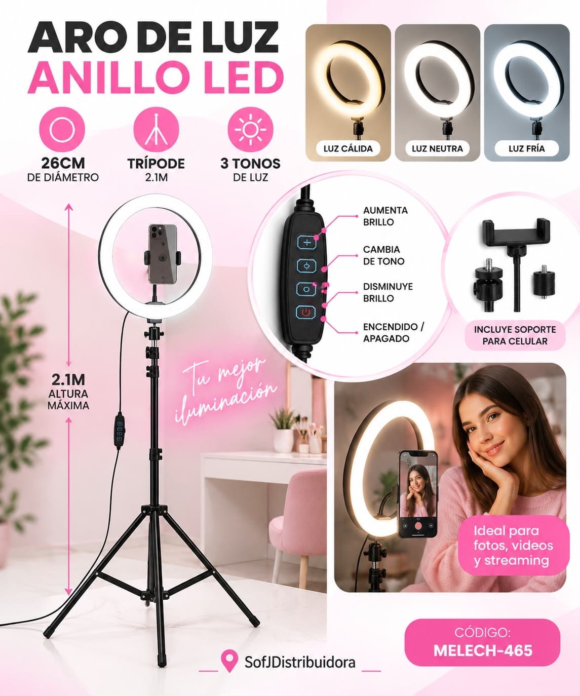 Aro de luz Melech 26 cm c/ tripode MELECH-465