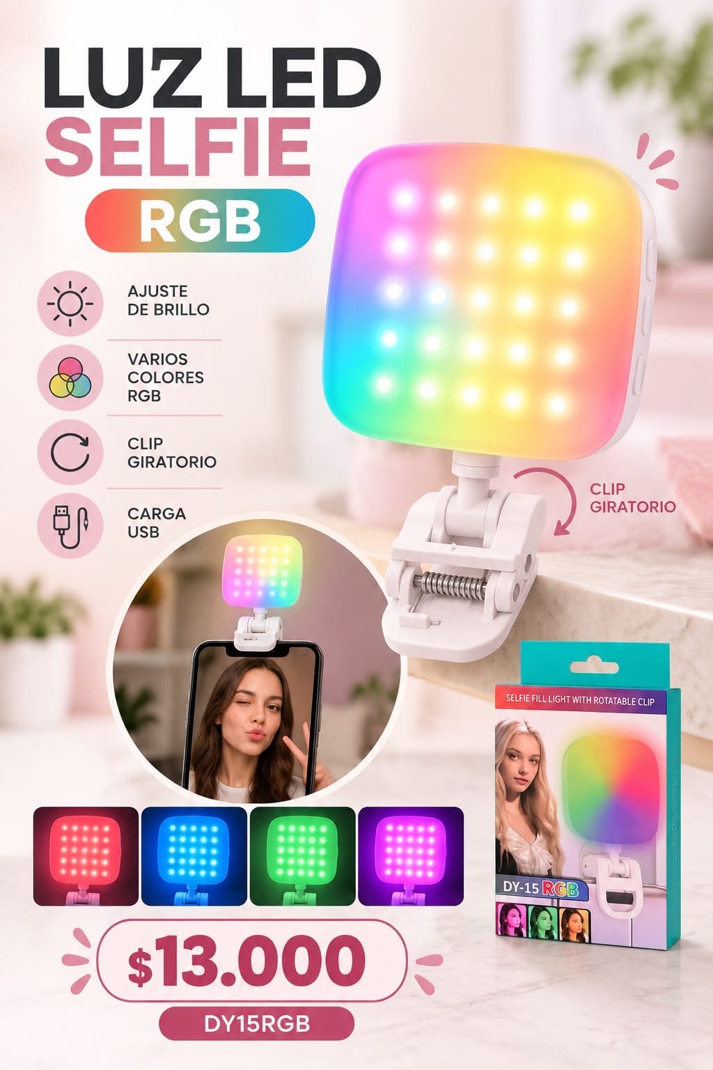 Luz LED para selfie c/ clip giratorio DY15RGB