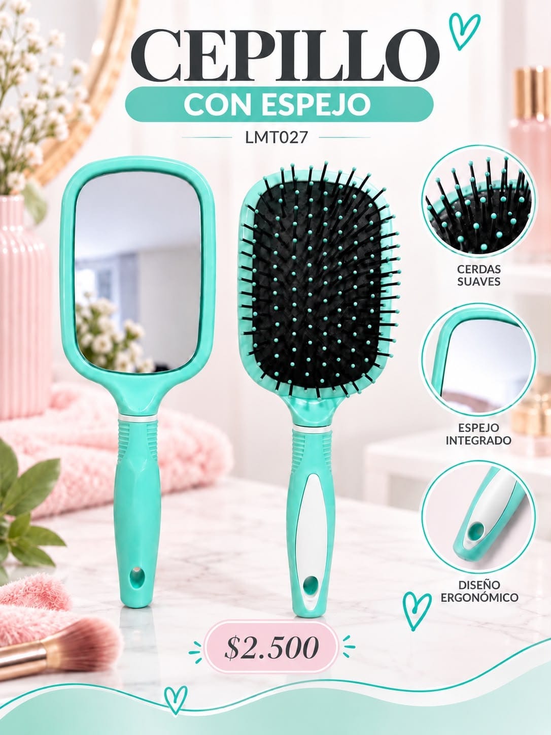 Cepillo de pelo c/ espejo cuadrado LMT027