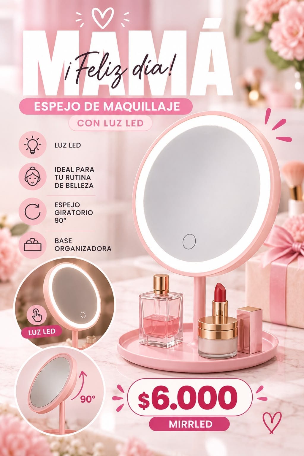 Espejo maquilllaje con luz LED redondo Mirrled