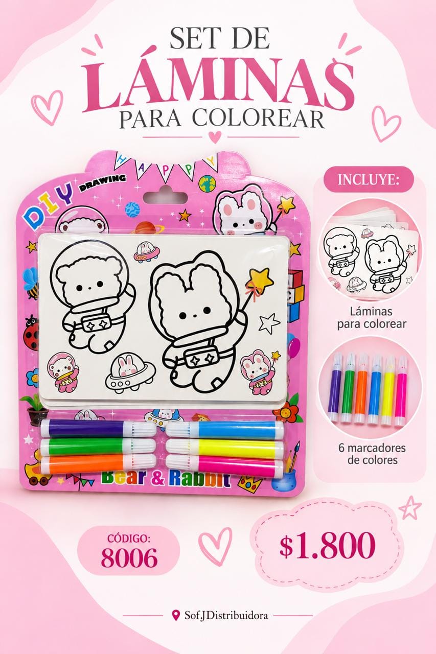 Set de láminas dibujo +6 marcadores