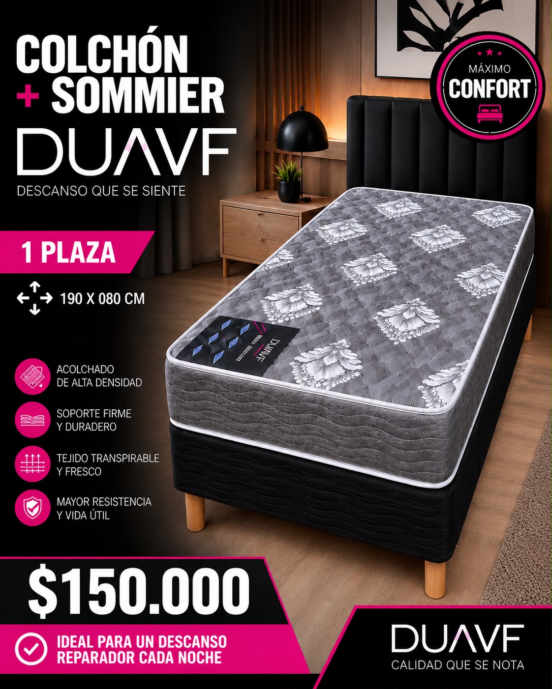 Sommier + colchón Duavf 1 plaza 80x190x24CM