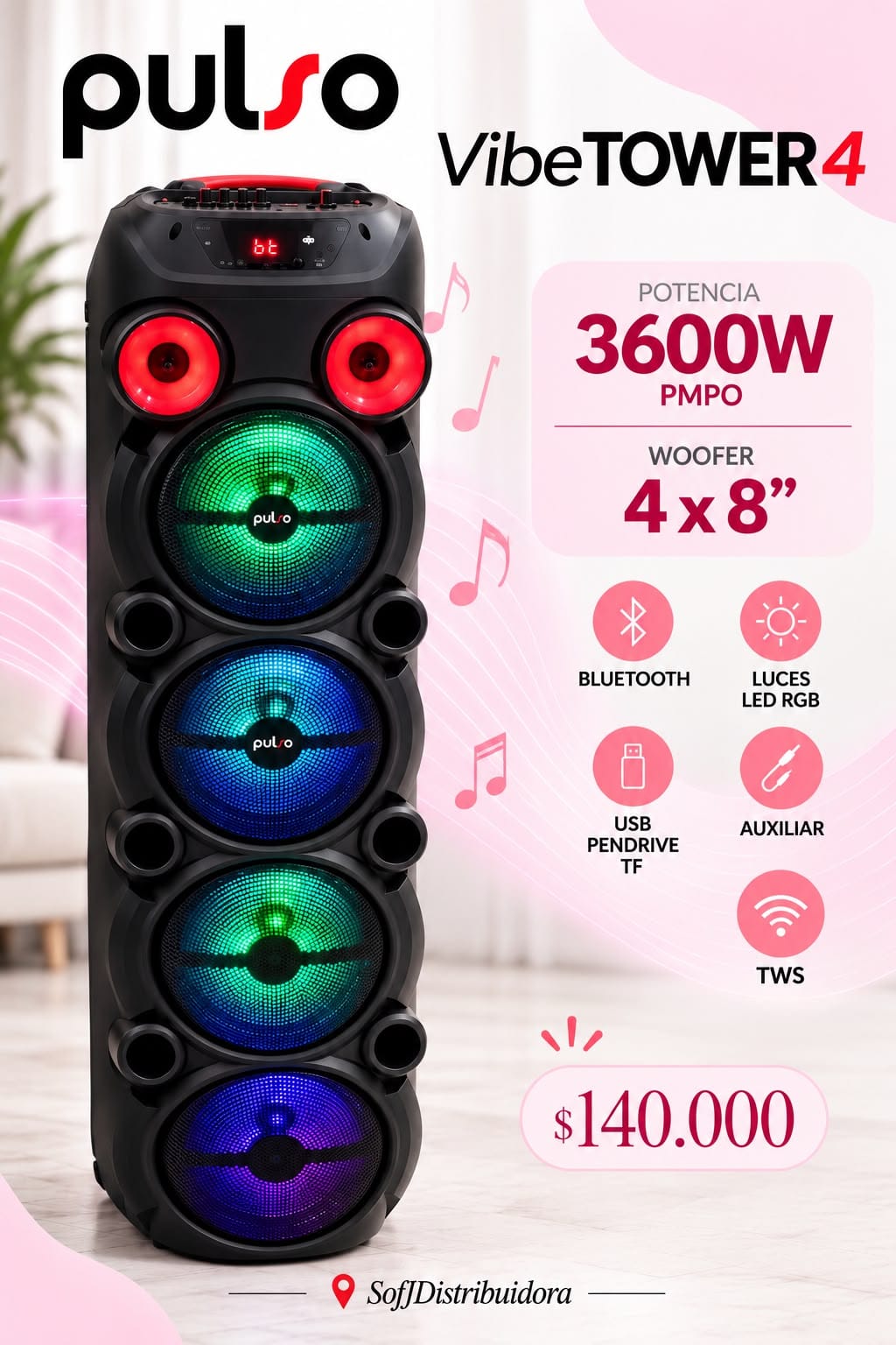 Párlante torre pulso 4x8 VIVETOWER4 3600W