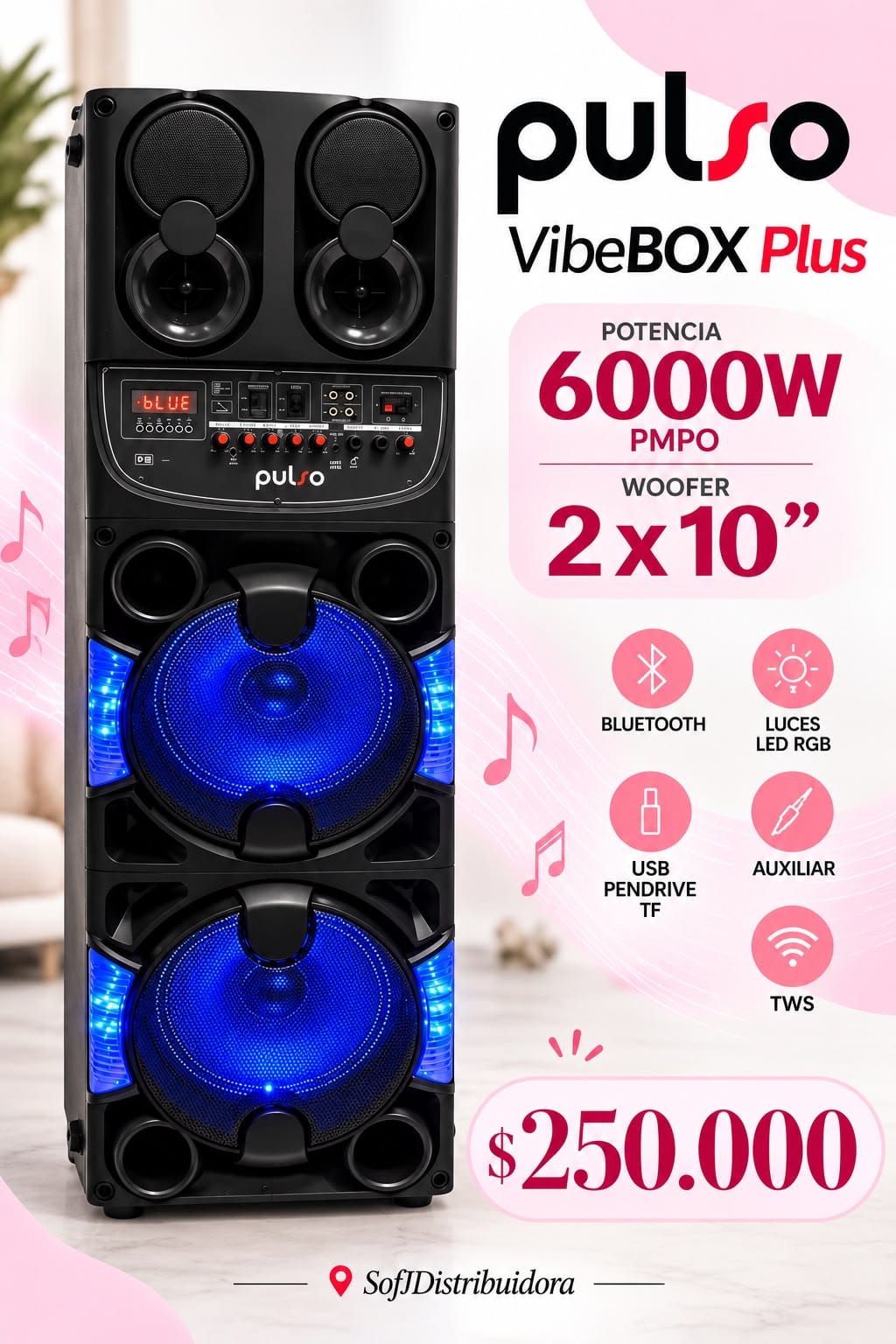 Parlante torre pulso vivebox plus 2x10 6000W