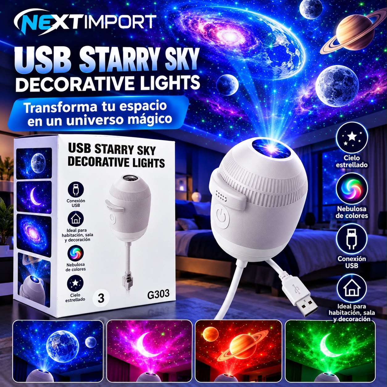 Proyector De Galaxias Usb Portatil Lampara Nocturna