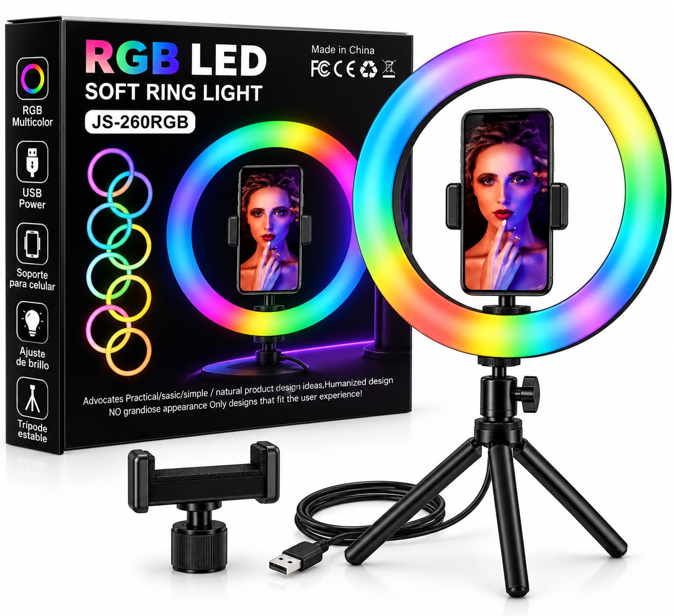 Aro De Luz Led Rgb 26CM Soporte Celular Sin Tripode JS-260RGB