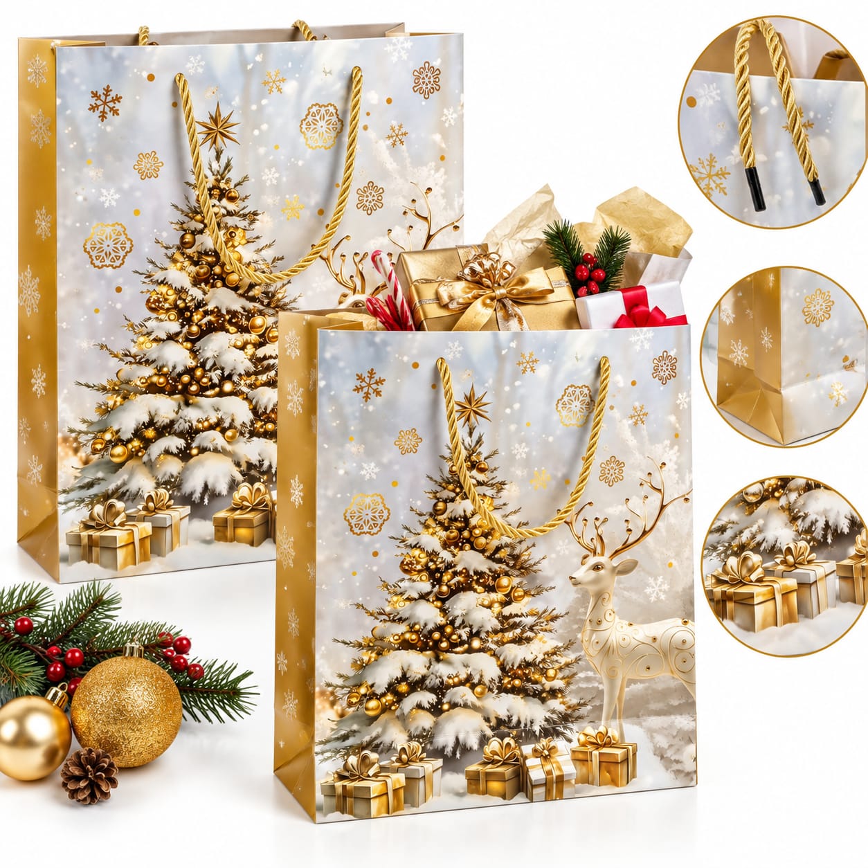 Bolsa Para Regalo Navideño De Lujo X12u Con Manija Tipo Cordón 32x26x12cm BW202F8/ BL-2225M-3
