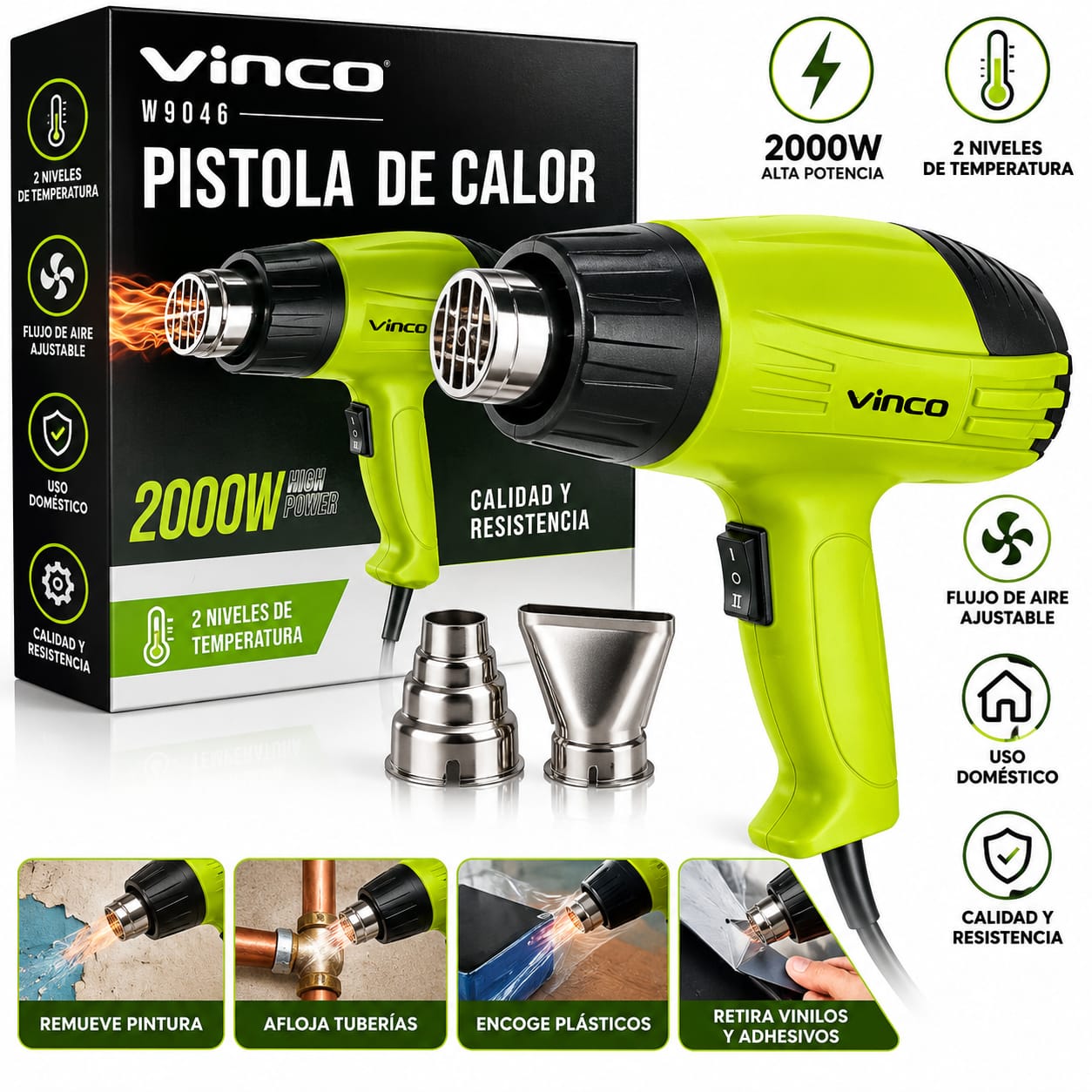 Pistola De Calor Vinco W9046 2000w Con Accesorios