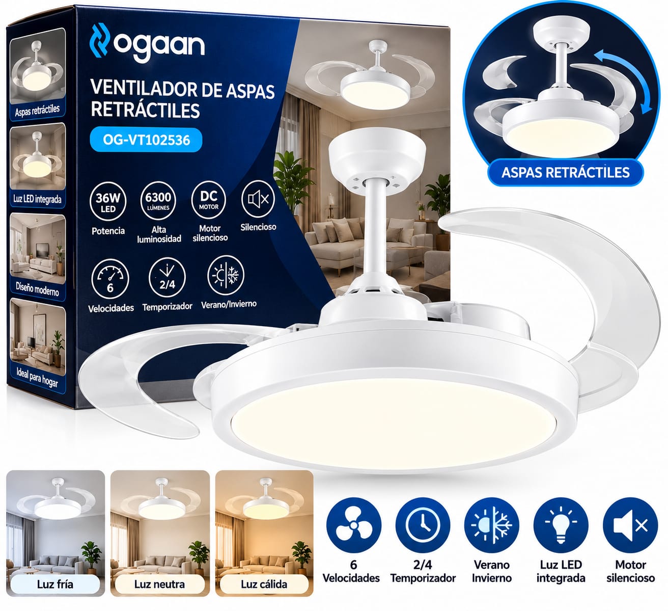 Ventilador De Techo Ogaan con Aspas Retráctiles y luz LED Integrada OG-VT102536