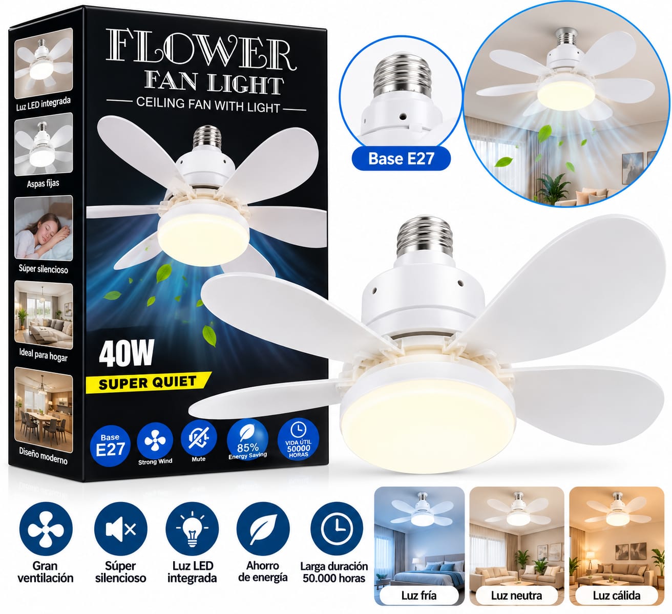 Ventilador De Techo Con Luz LED Integrada y Rosca 20.5″ E27 40W YY-520FAN