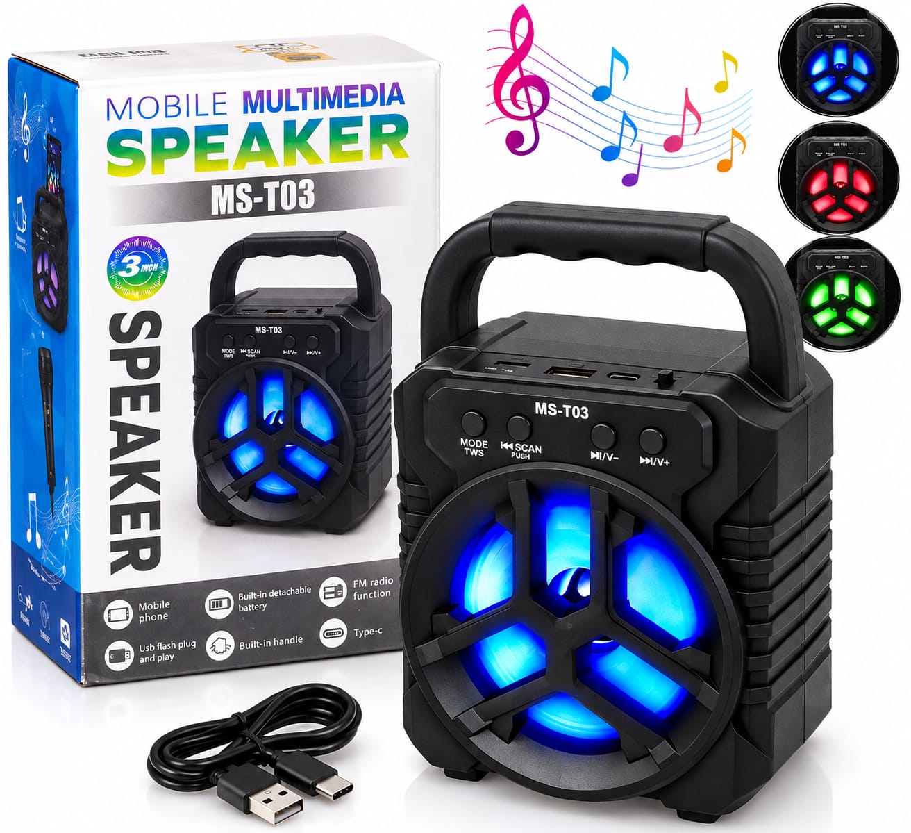 Parlante Portátil Bluetooth MS-T03 Inalámbrico Con Luces LED Y Radio FM