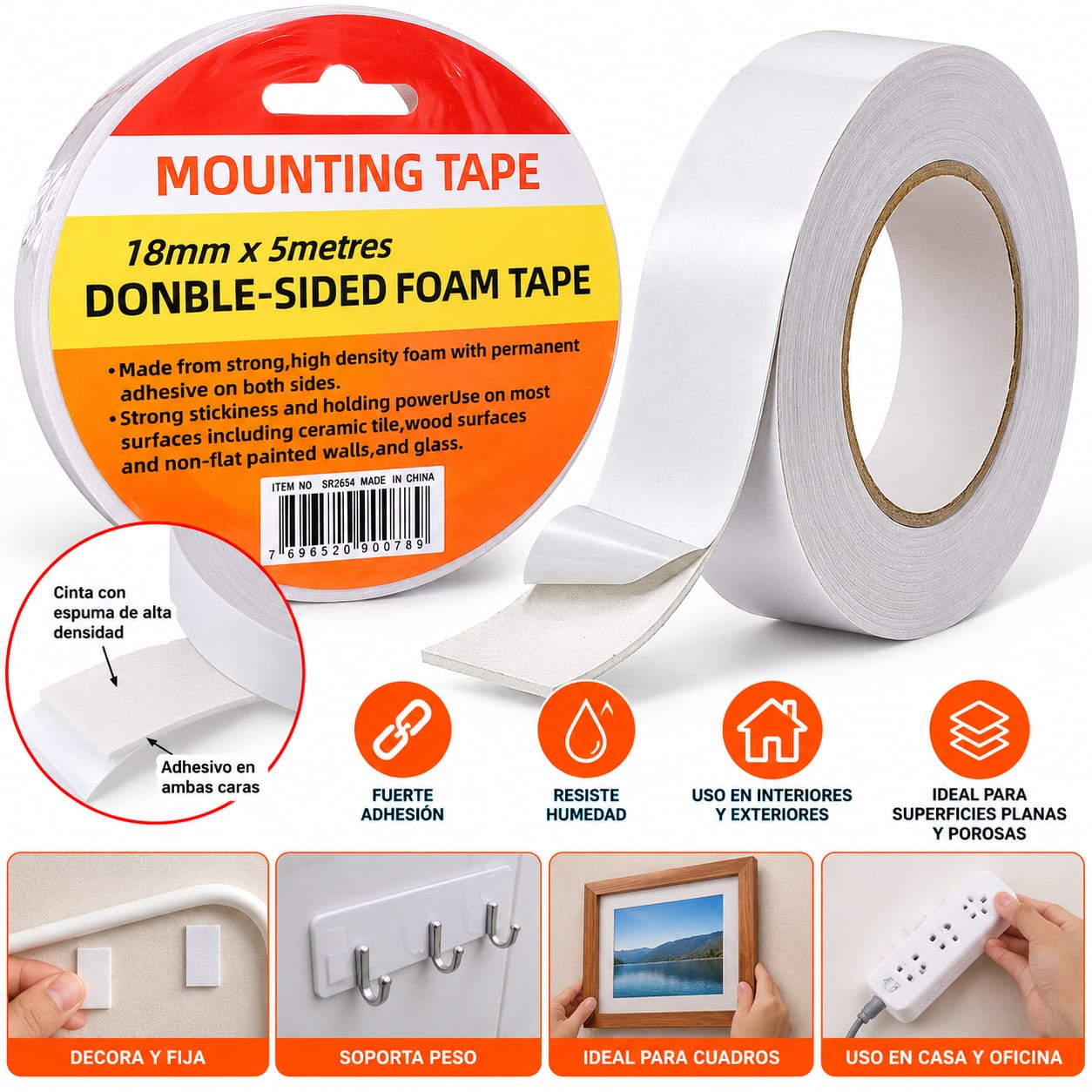 Cinta Doble Faz De Espuma 18mm X 5m Montaje Fuerte Cuadros SR2654