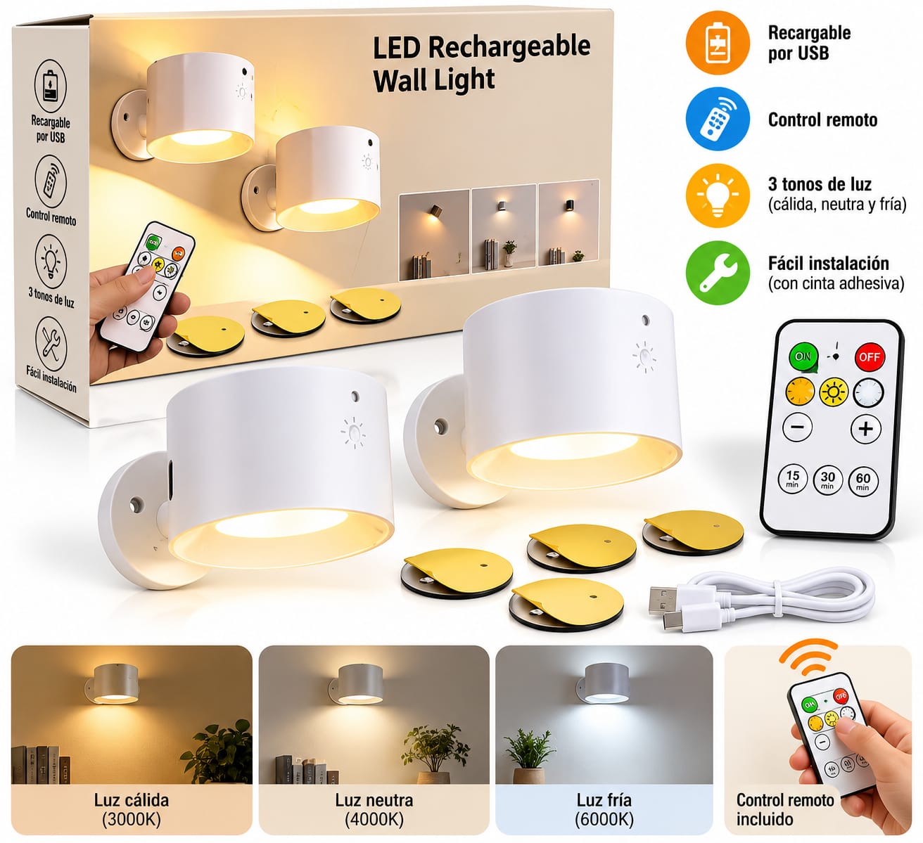 Lámpara Aplique Led Pared Recargable Usb Con Control Remoto x1 KM-61030