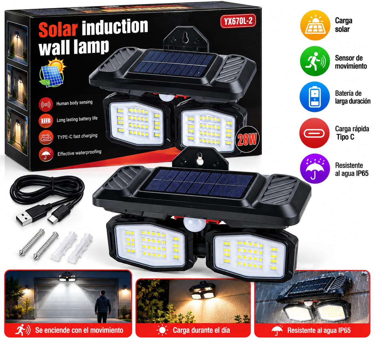 Lámpara Solar De Pared 28w Doble Cabezal Sensor Movimiento YX670