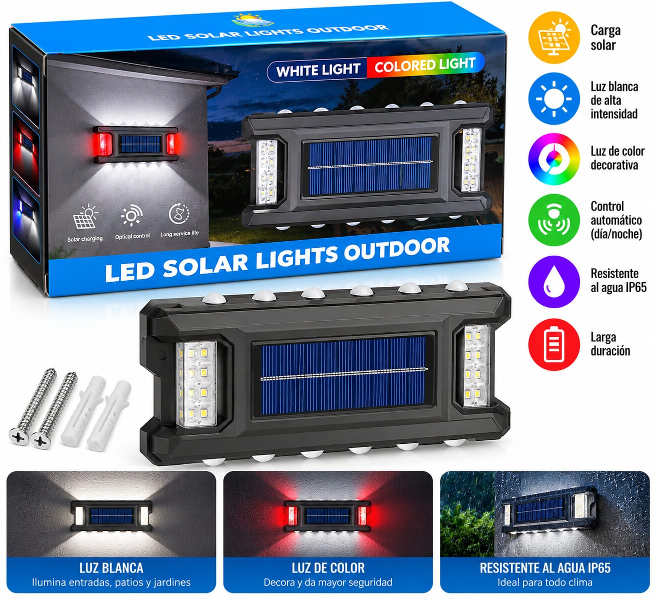 Luces Solares Exterior Led Aplique Pared Luz Blanca Y Color 64208