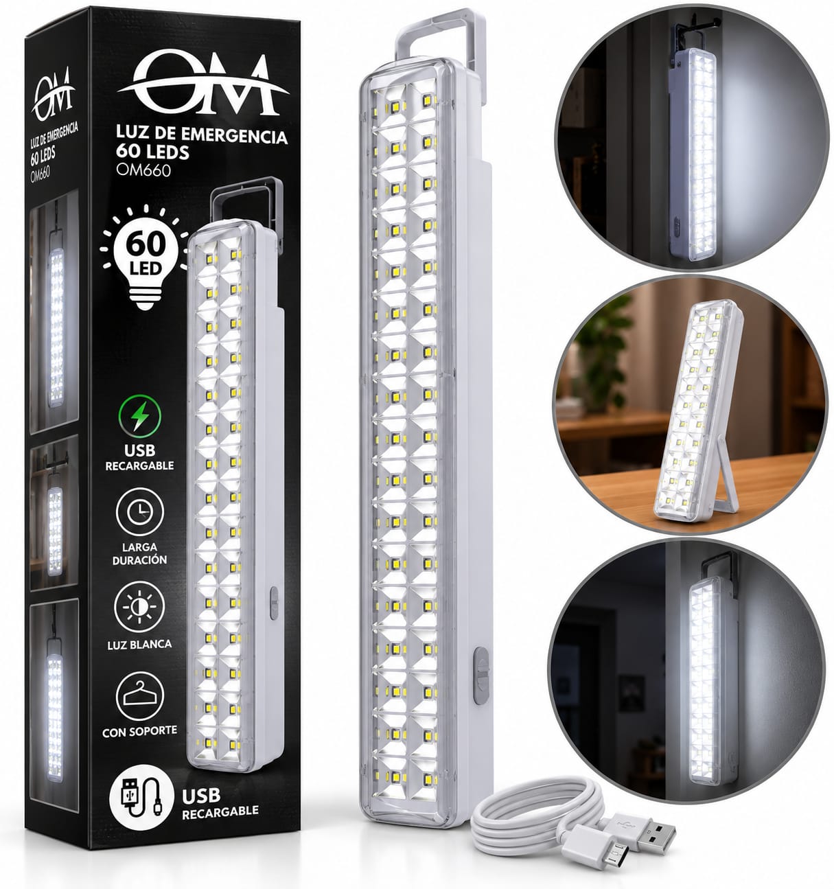 Luz De Emergencia LED Recargable de 60 LED Marca OM OM660