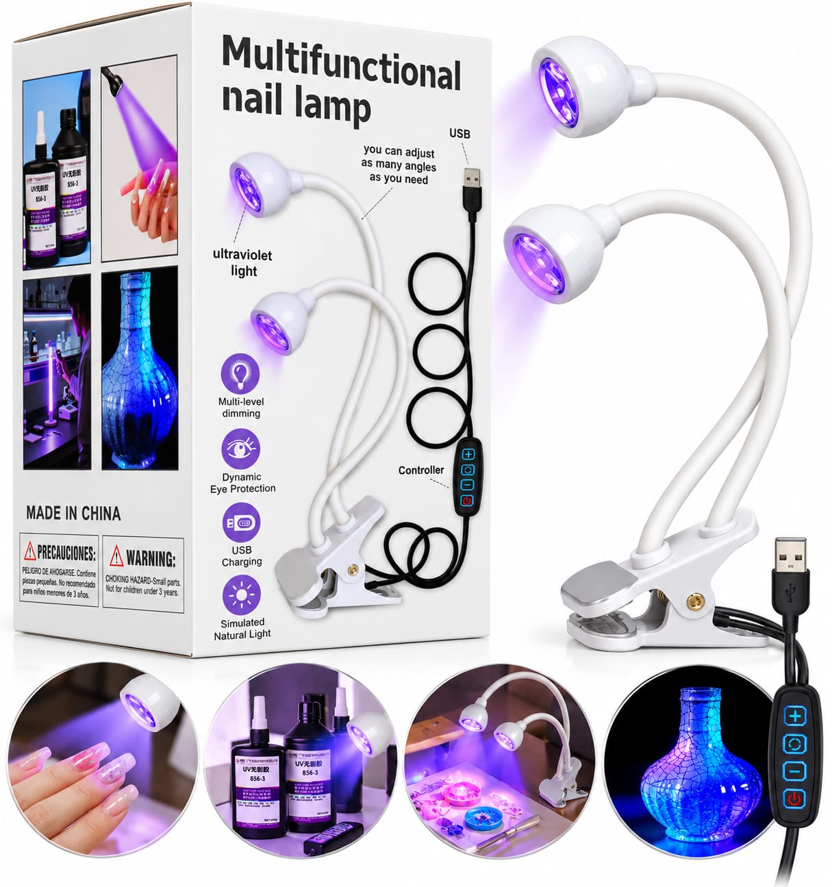 Lámpara UV/LED Multifuncional De Doble Cabezal con clip D-17163