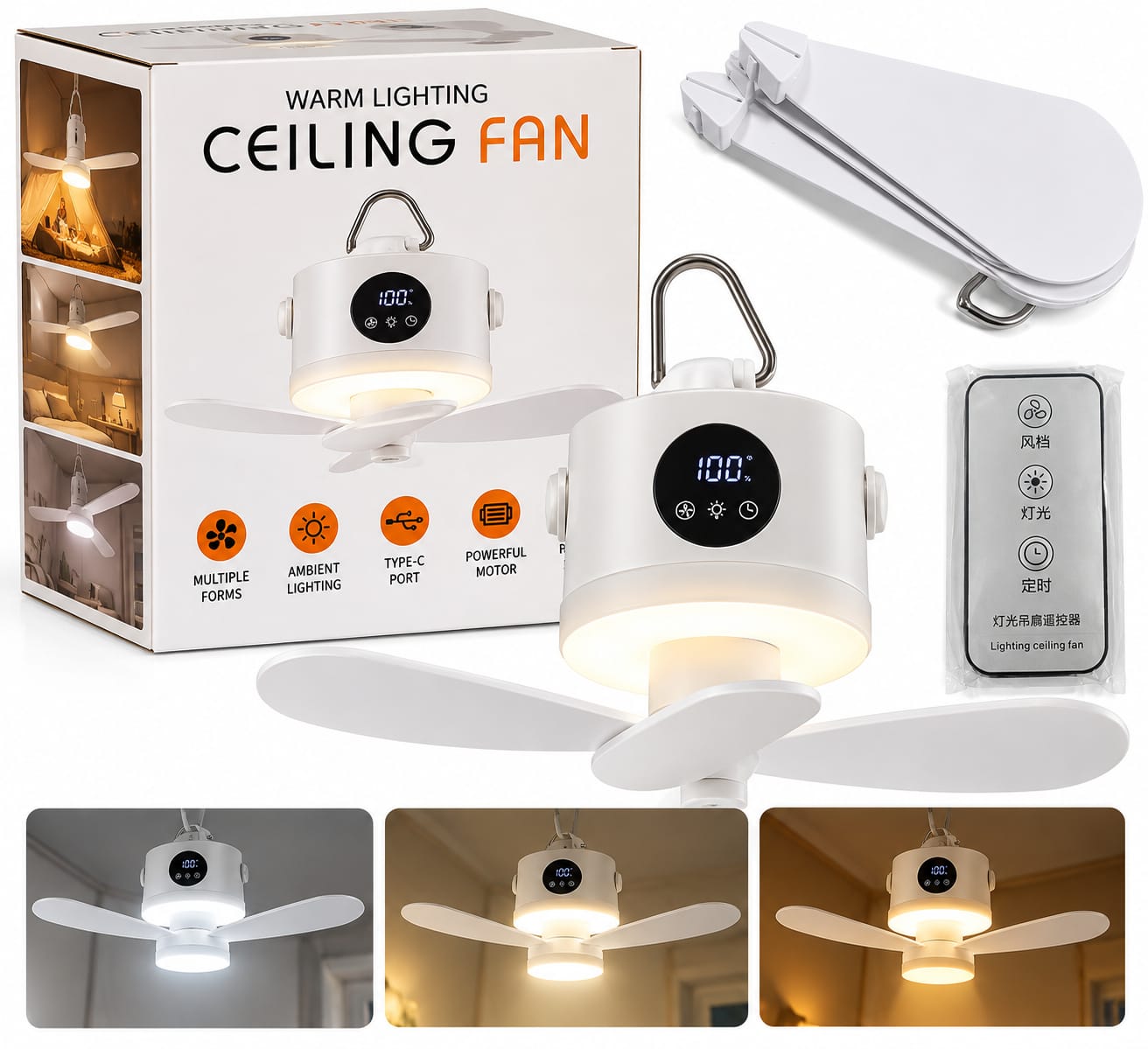 Ventilador de techo portátil con luz LED y control remoto D-17195