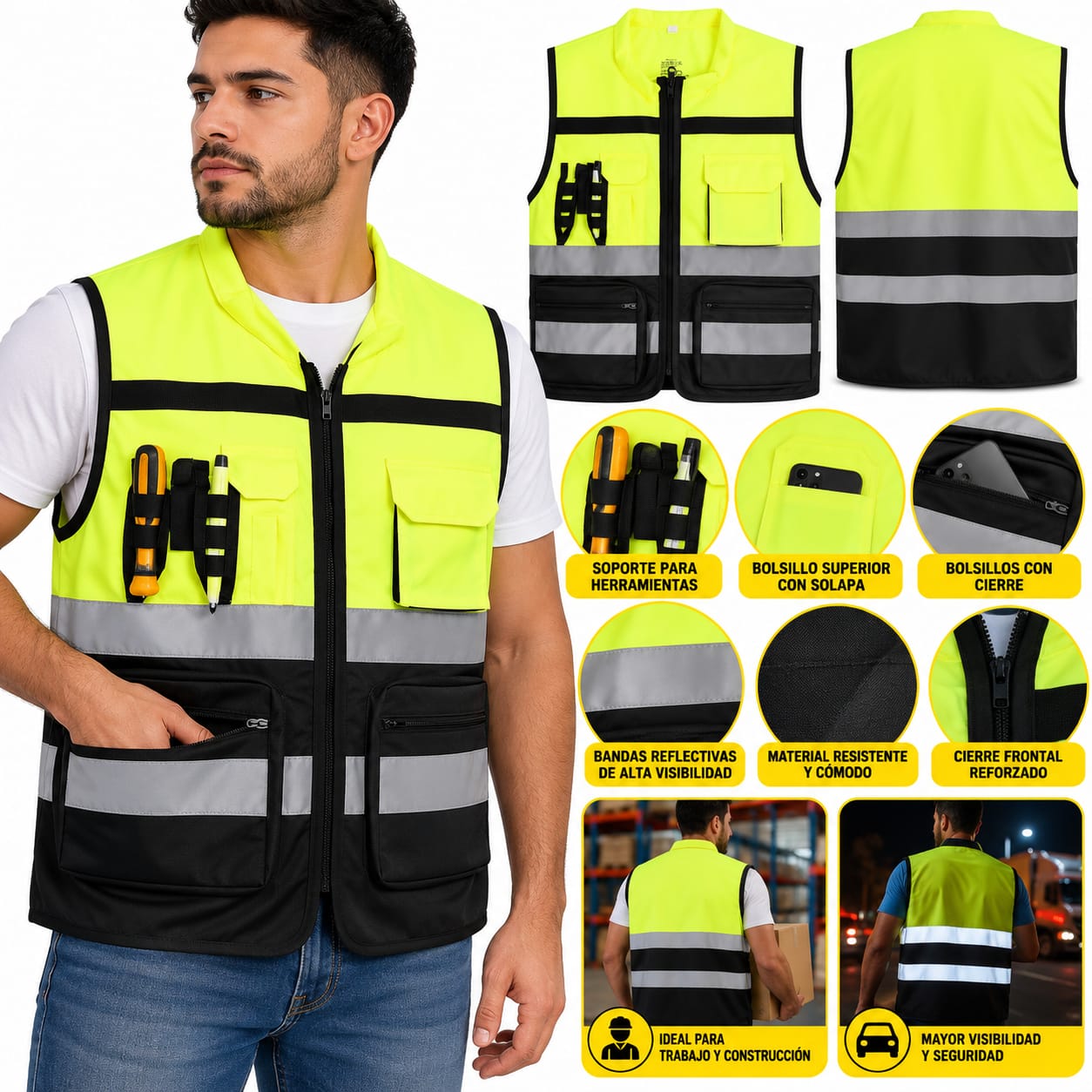 Chaleco Reflectivo De Seguridad Multibolsillos Porta Identificación DL2153