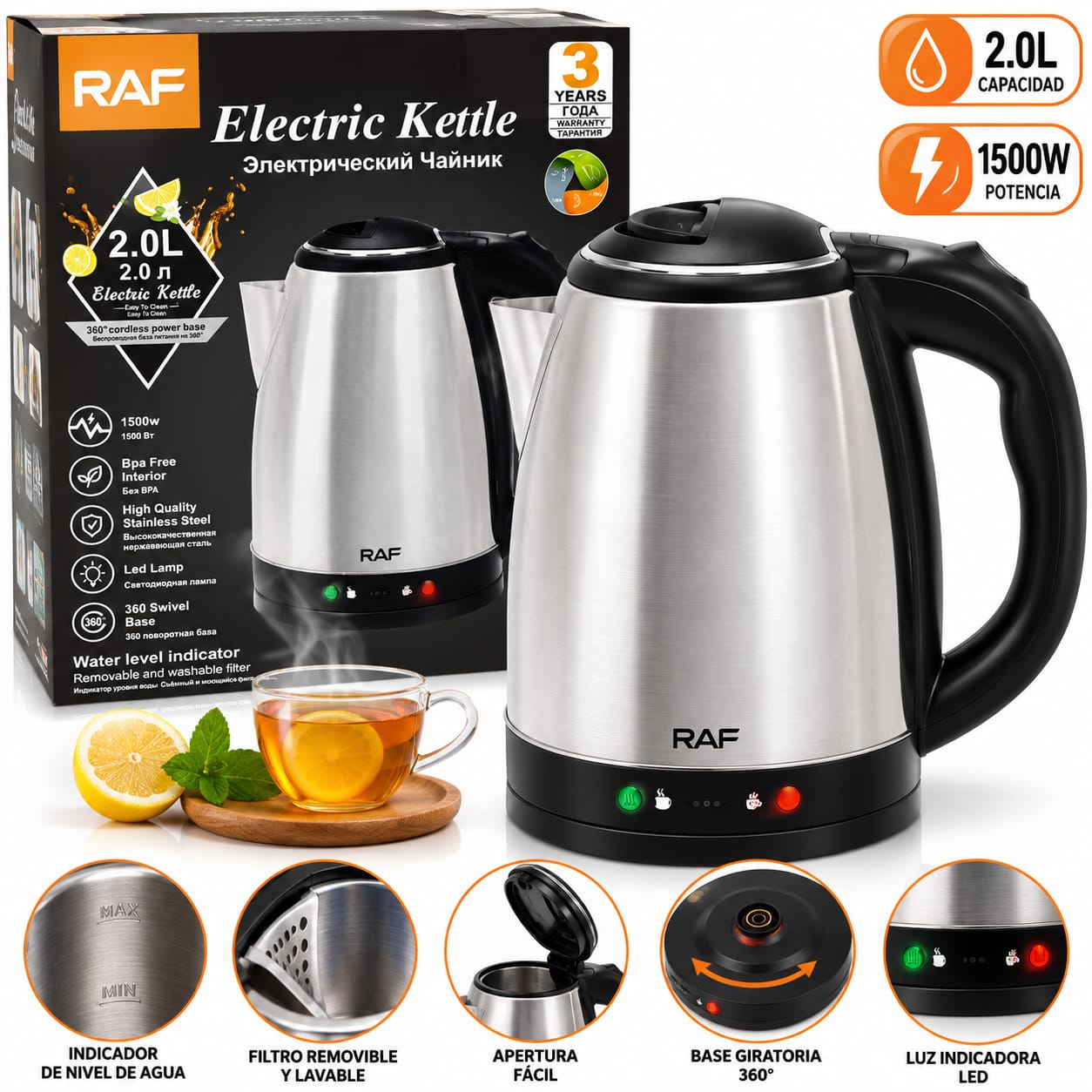 Pava Eléctrica RAF Automática 2 Litros Con Luz Led 1500W R.7851