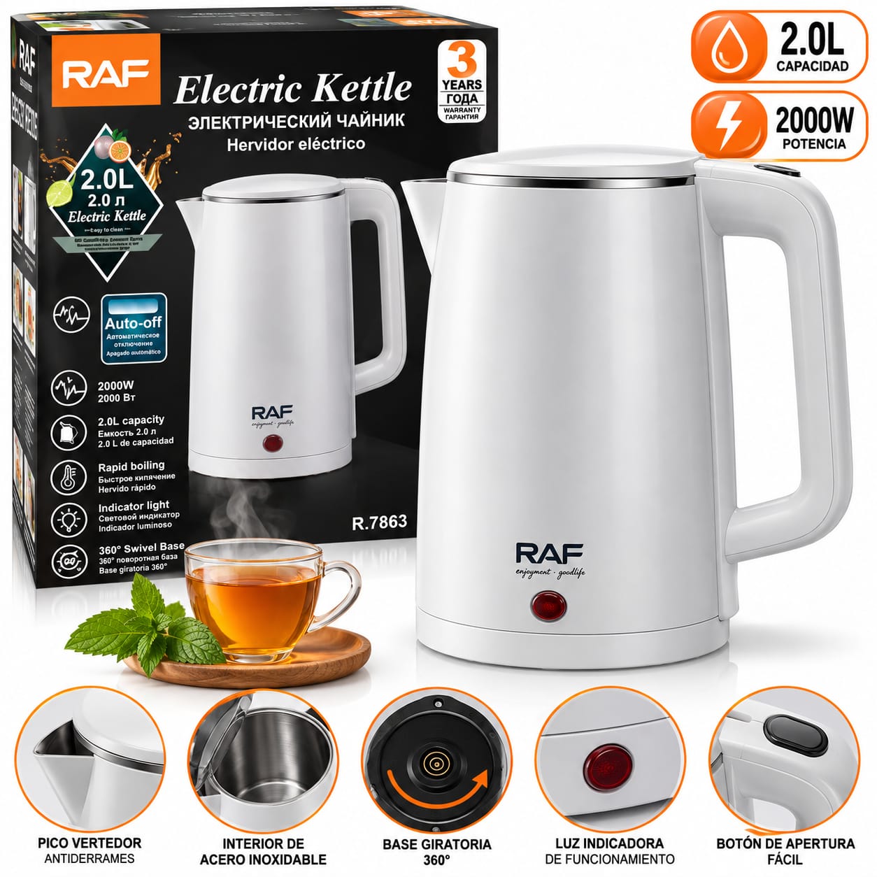 Pava Eléctrica Raf R.7863 2.0l 2000w Acero Inoxidable