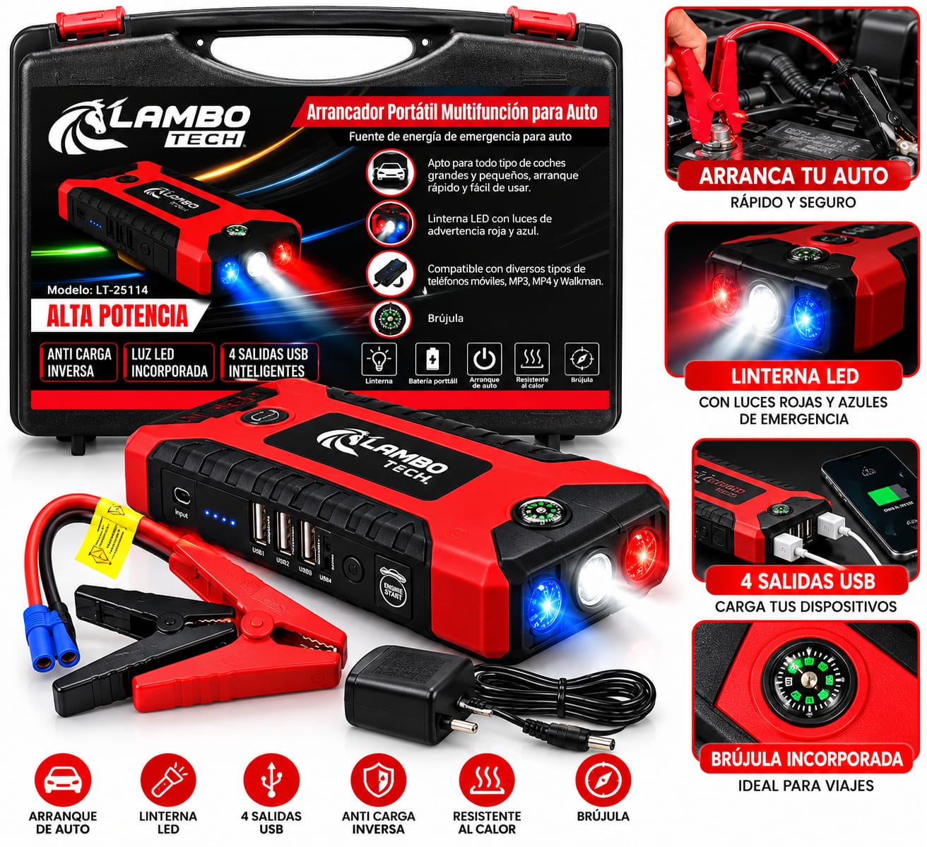 Arrancador Portatil De Auto Lambo Tech Power Bank Linterna LT-25114